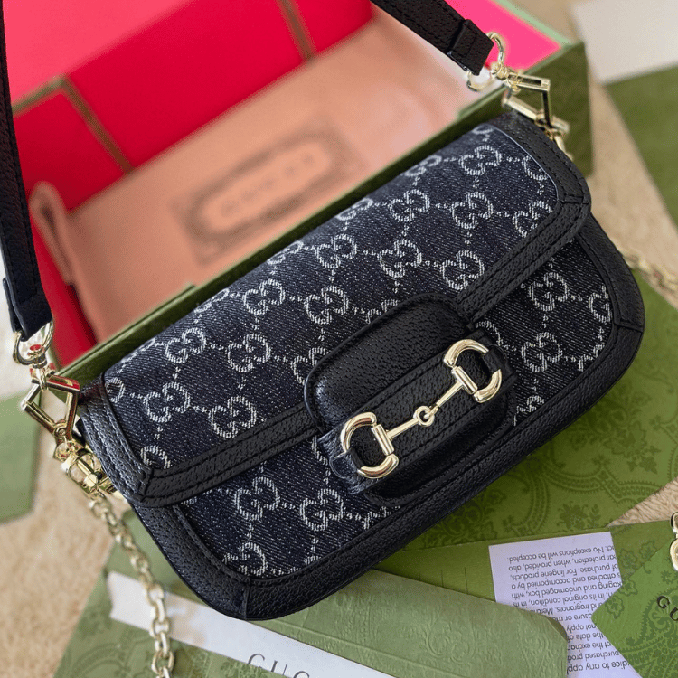 Gucci Horsebit 1955 Mini Bag Blue/Black Gg Denim 9.1 Inches