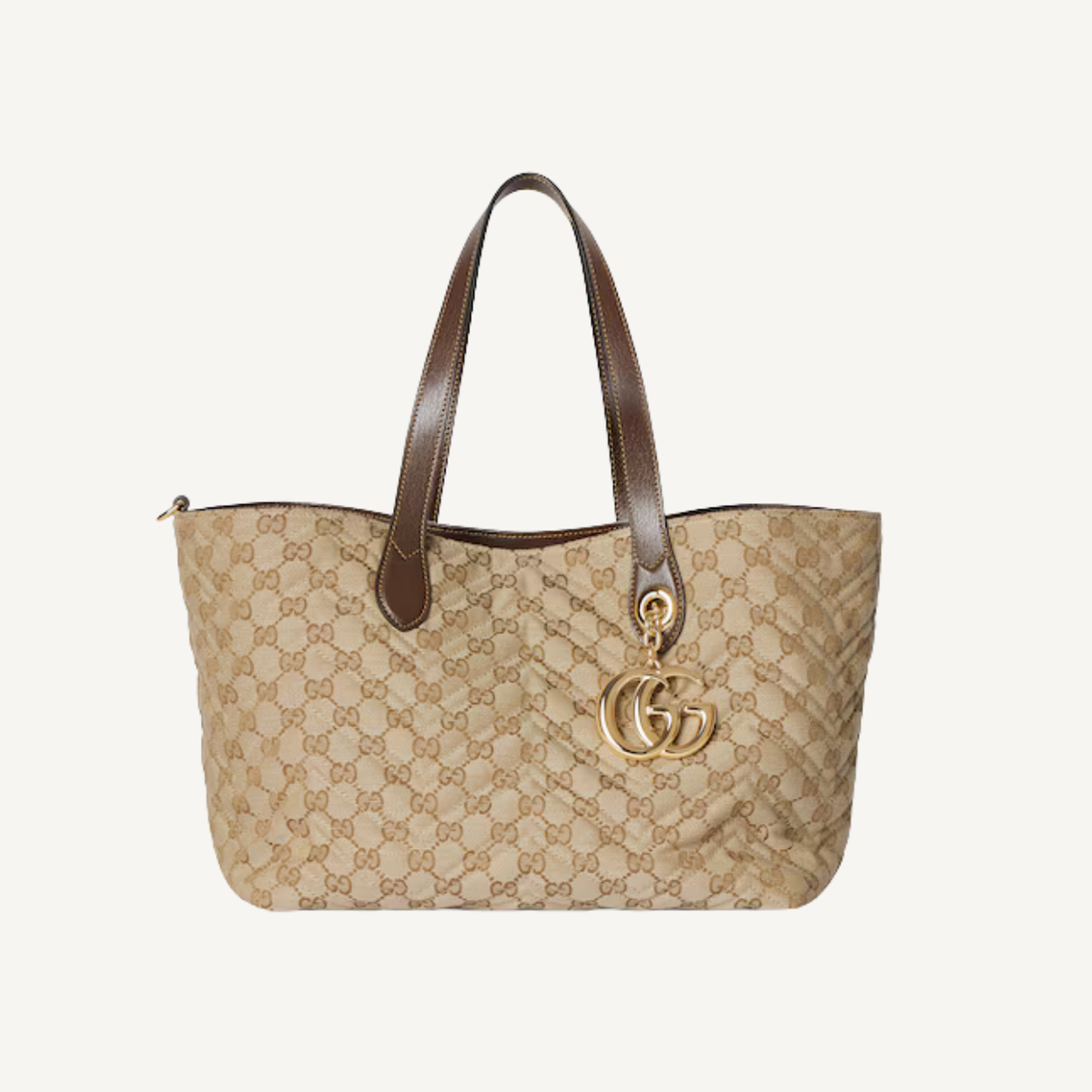 Gucci GG Marmont Medium Tote Bag Sand Dark Brown Gold Hardware 11.8 Inches