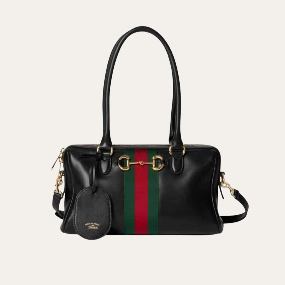 Gucci Borsetto Medium Boston Bag Black Leather 11 Inches 866732 AAGIQ 1053