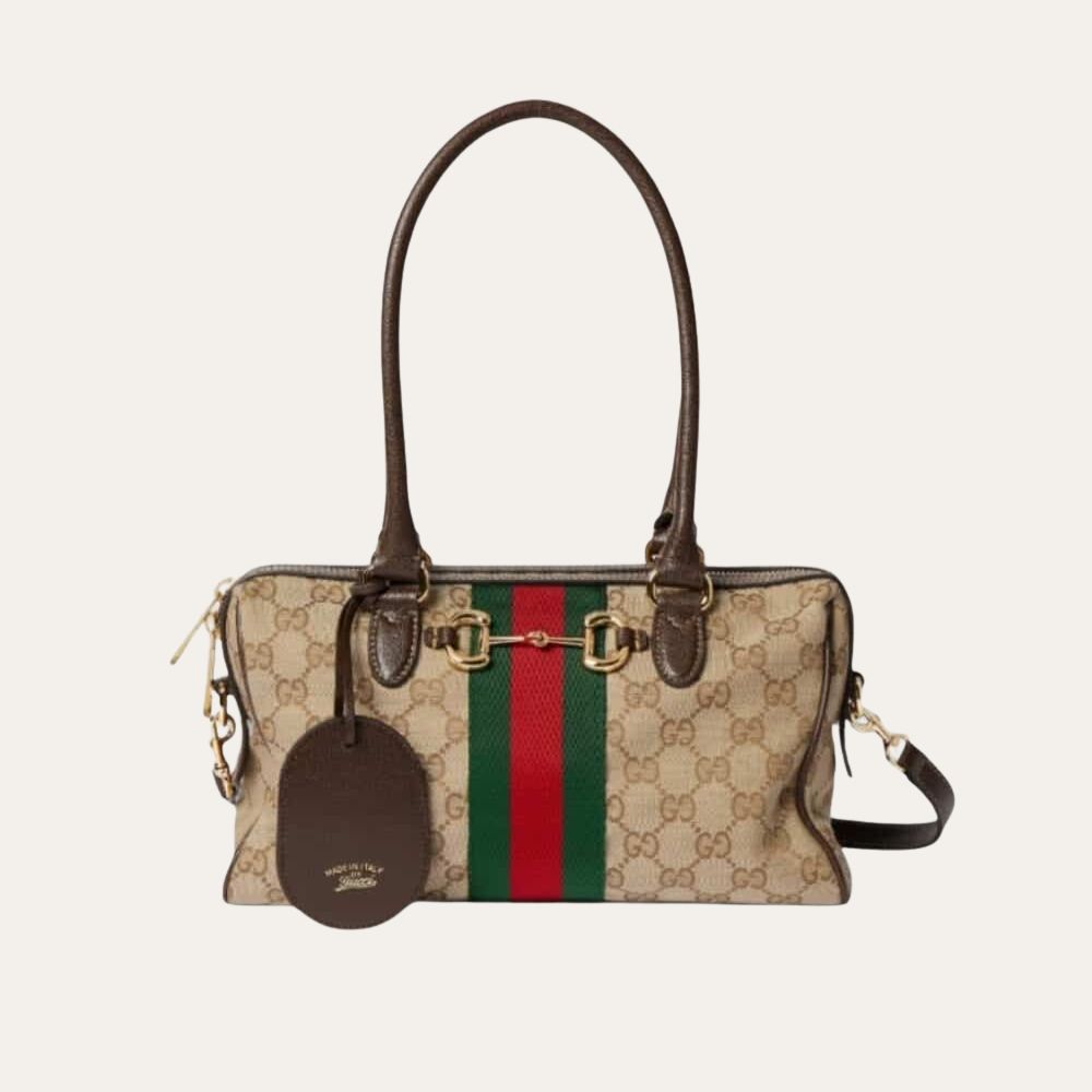 Gucci Borsetto Medium Boston Bag GG Canvas Sand And Brown 11 Inches 866732 FAFV9 9653