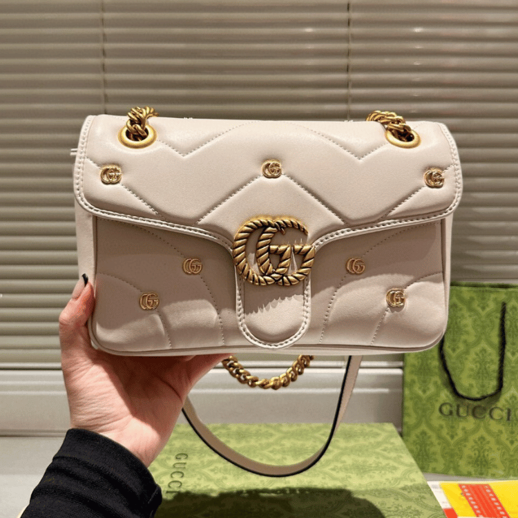 Gucci Gg Marmont Large Studded Matelassé Shoulder Bag Ivory White 10.2 Inches