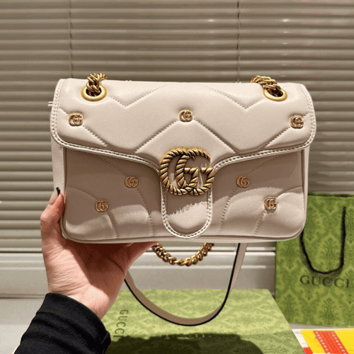 Gucci Gg Marmont Large Studded Matelassé Shoulder Bag Ivory White 10.2 Inches