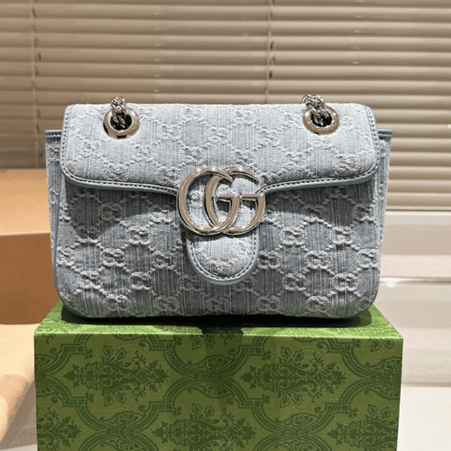 Gucci Gg Marmont Denim Chain Shoulder Bag Blue 8.7 Inches