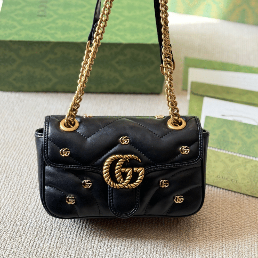 Gucci Gg Marmont Studded Matelessé Shoulder Bag Black 8.7 Inches