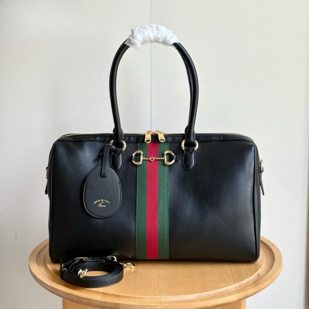Gucci Borsetto Large Boston Bag Black Leather 15.2 Inches 866734 AAGIQ 1053
