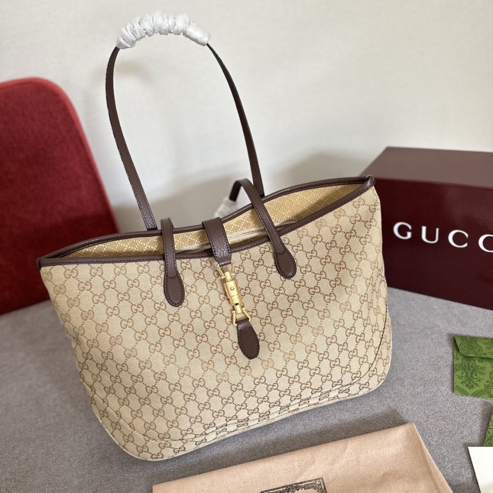 Gucci Jackie Large Tote Bag Sand And Dark Brown 17.7 Inches 867014 FAFV2 9651
