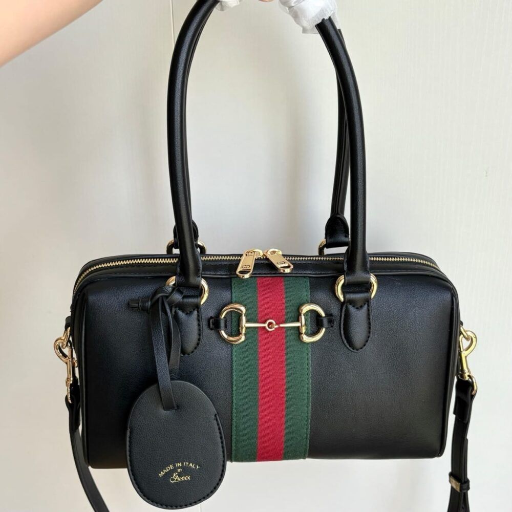 Gucci Borsetto Medium Boston Bag Black Leather 11 Inches 866732 AAGIQ 1053