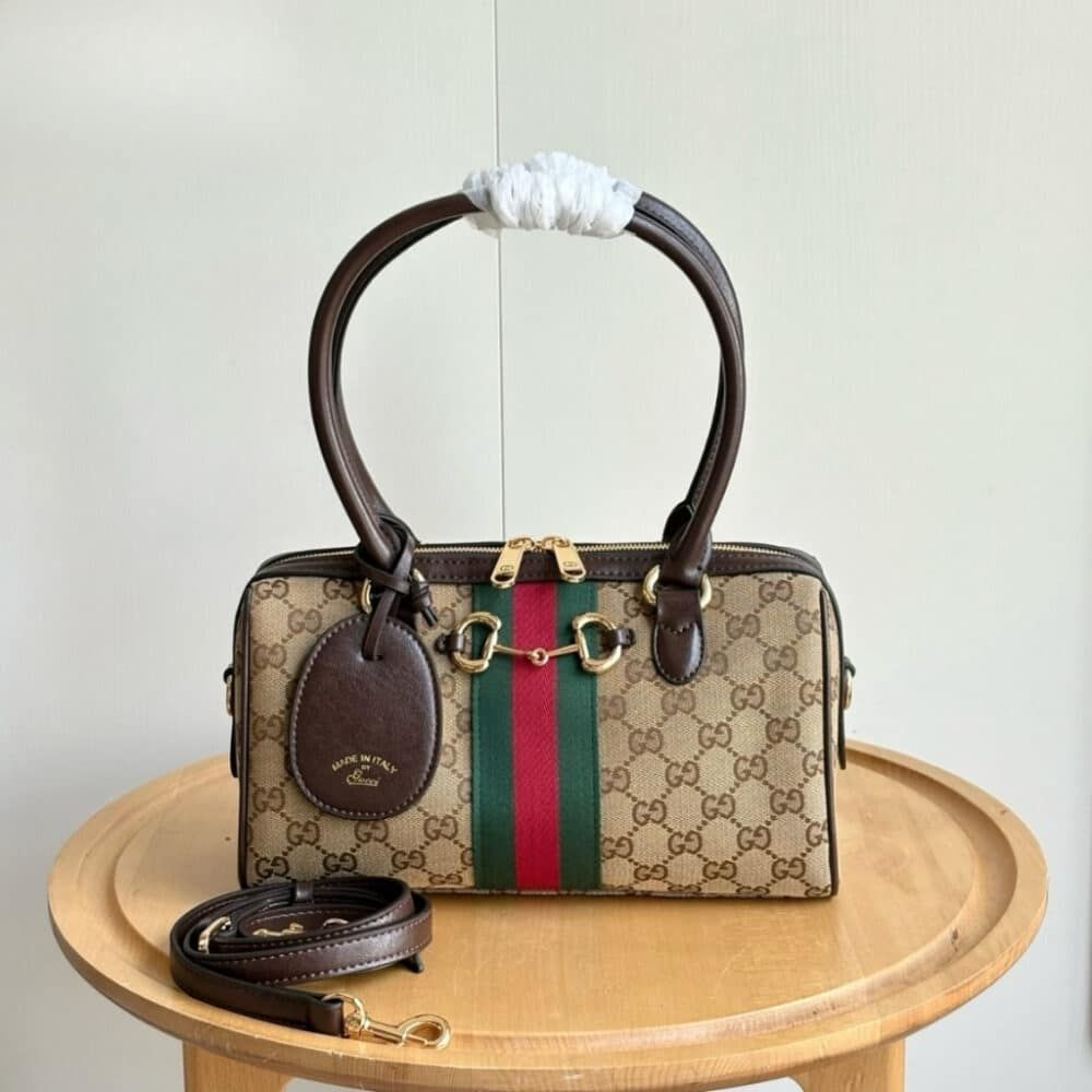 Gucci Borsetto Medium Boston Bag GG Canvas Sand And Brown 11 Inches 866732 FAFV9 9653