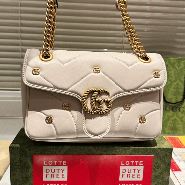 Gucci Gg Marmont Large Studded Matelassé Shoulder Bag Ivory White 10.2 Inches