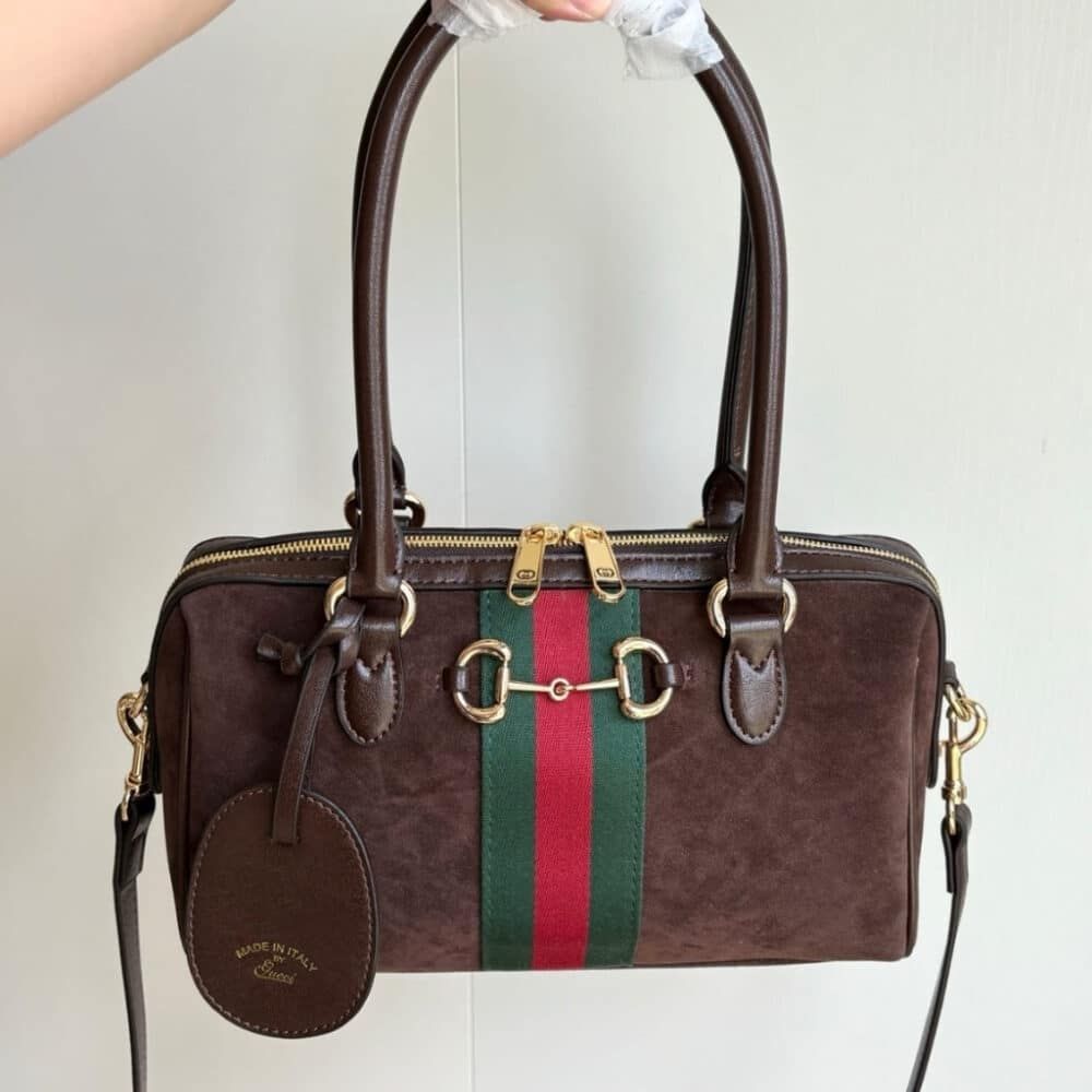 Gucci Borsetto Medium Boston Bag Suede Leather Dark Brown 11 Inches 866732 AAGIR 2146