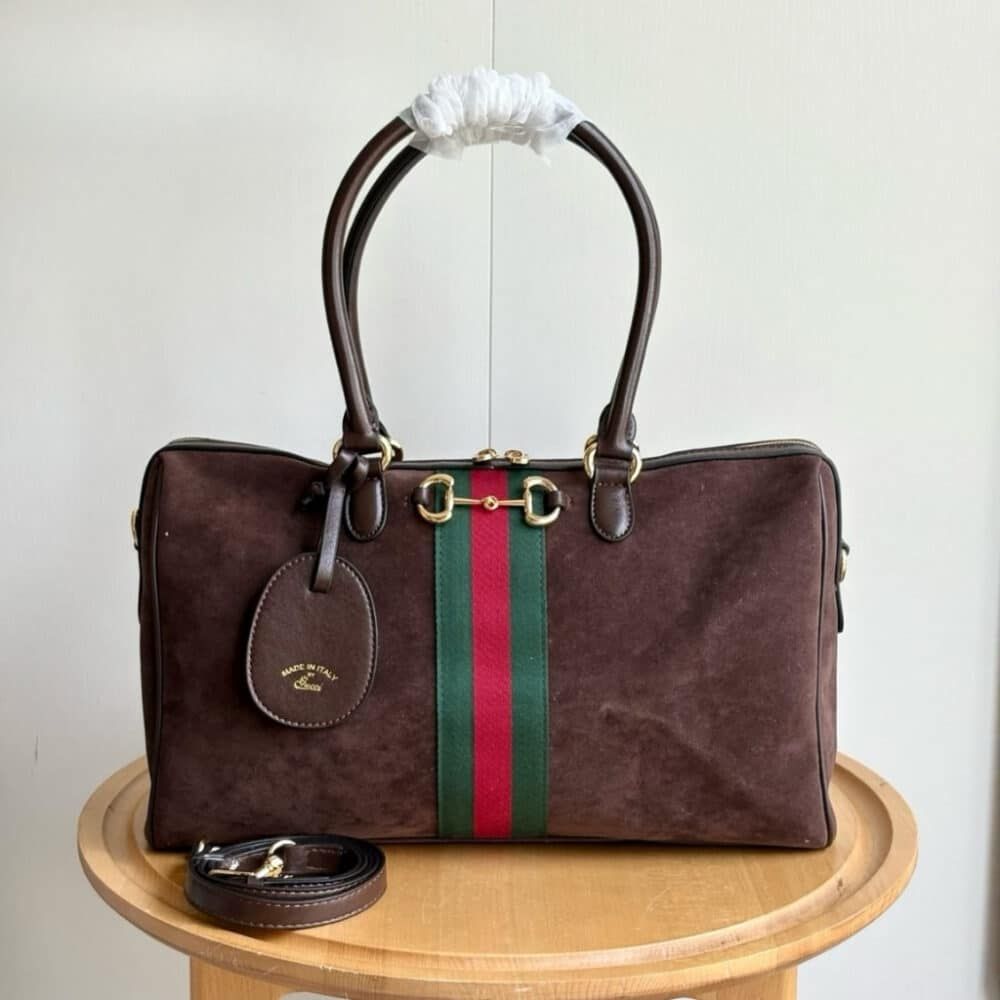 Gucci Borsetto Large Boston Bag Suede Leather Dark Brown 15.2 Inches 866734 AAGIR 2146