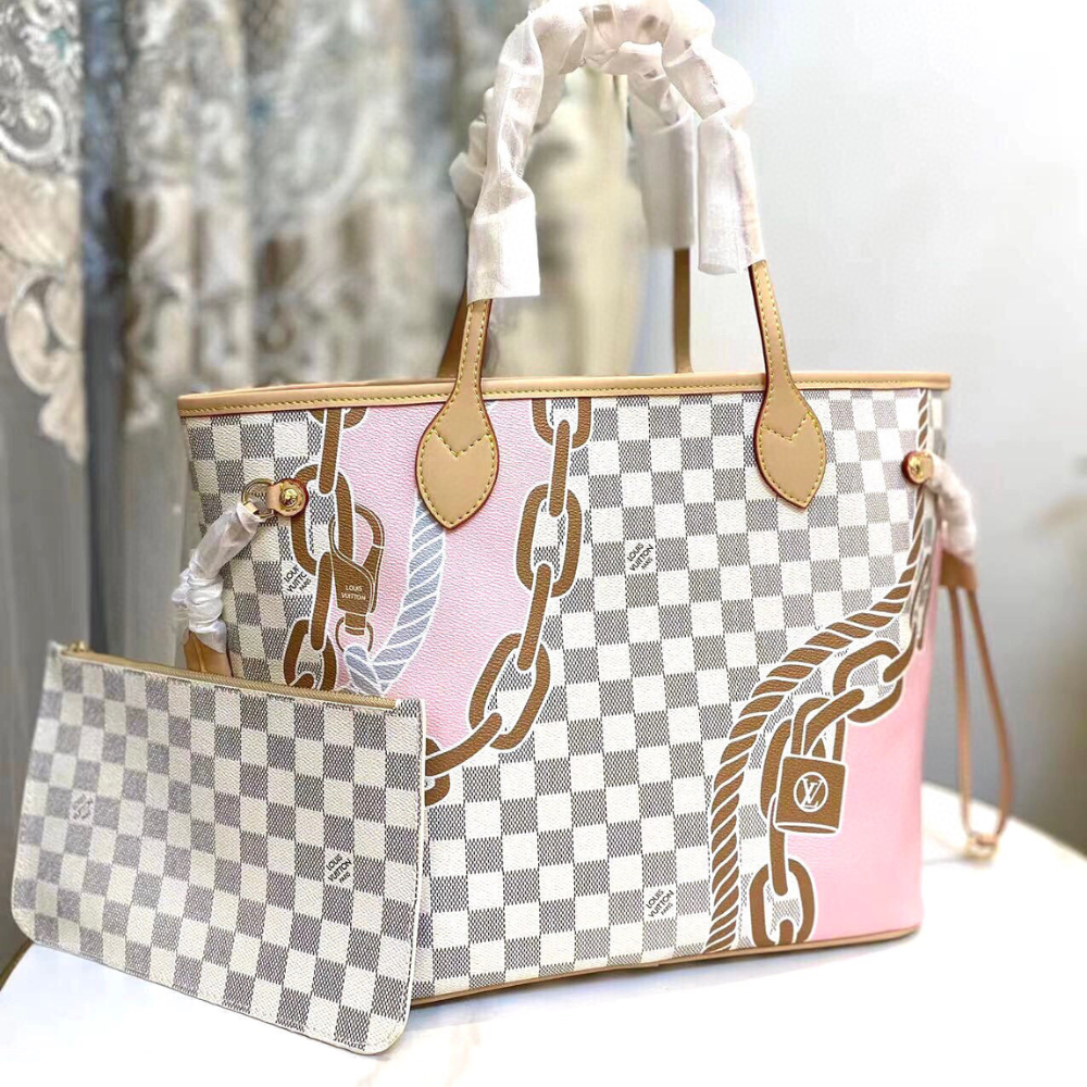 Louis Vuitton Neverfull MM Damier Azur Summer Trunks Pink 12.2 Inches M46329