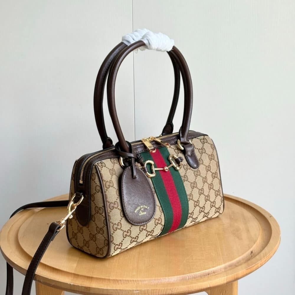 Gucci Borsetto Medium Boston Bag GG Canvas Sand And Brown 11 Inches 866732 FAFV9 9653