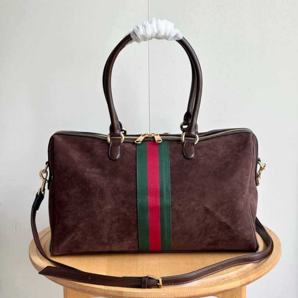 Gucci Borsetto Large Boston Bag Suede Leather Dark Brown 15.2 Inches 866734 AAGIR 2146