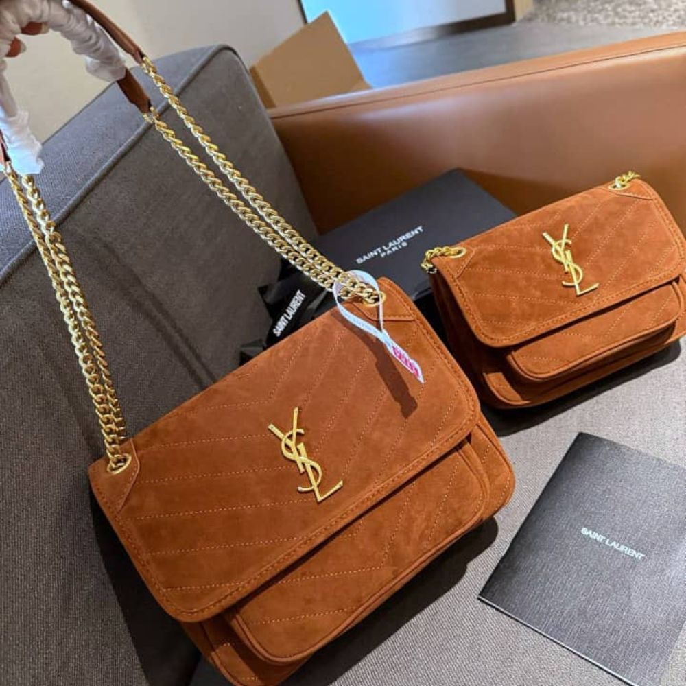Saint Laurent Niki Baby Chain Bag In Suede Brown 11 Inches 6237483