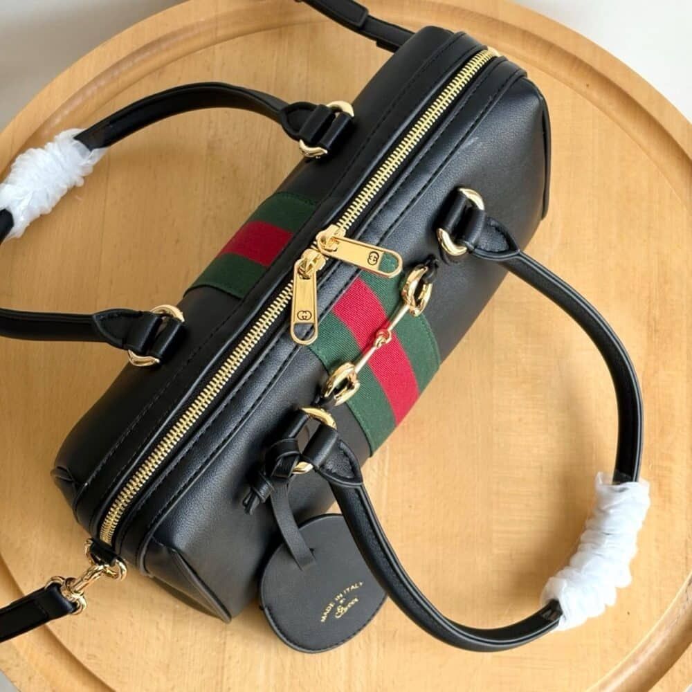 Gucci Borsetto Medium Boston Bag Black Leather 11 Inches 866732 AAGIQ 1053
