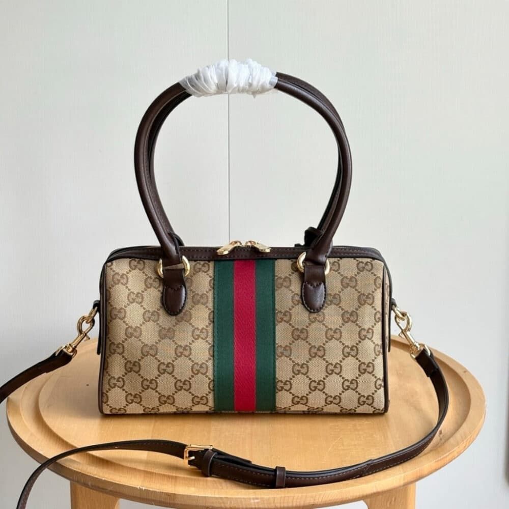 Gucci Borsetto Medium Boston Bag GG Canvas Sand And Brown 11 Inches 866732 FAFV9 9653