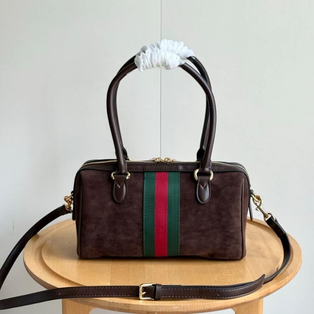 Gucci Borsetto Medium Boston Bag Suede Leather Dark Brown 11 Inches 866732 AAGIR 2146