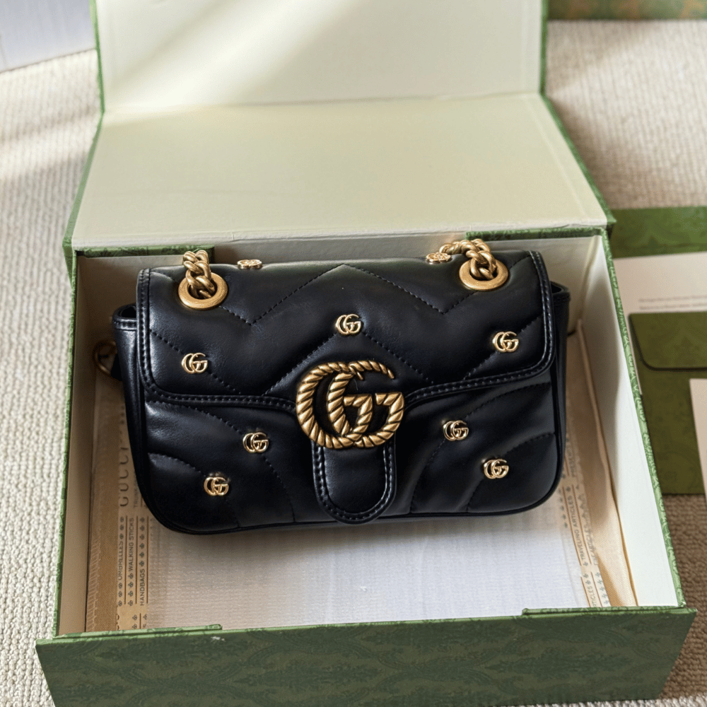 Gucci Gg Marmont Studded Matelessé Shoulder Bag Black 8.7 Inches