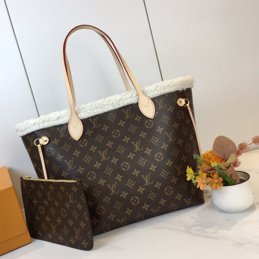 Louis Vuitton Neverfull Monogram Shearling Trim MM Brown 12.2 Inches M56960
