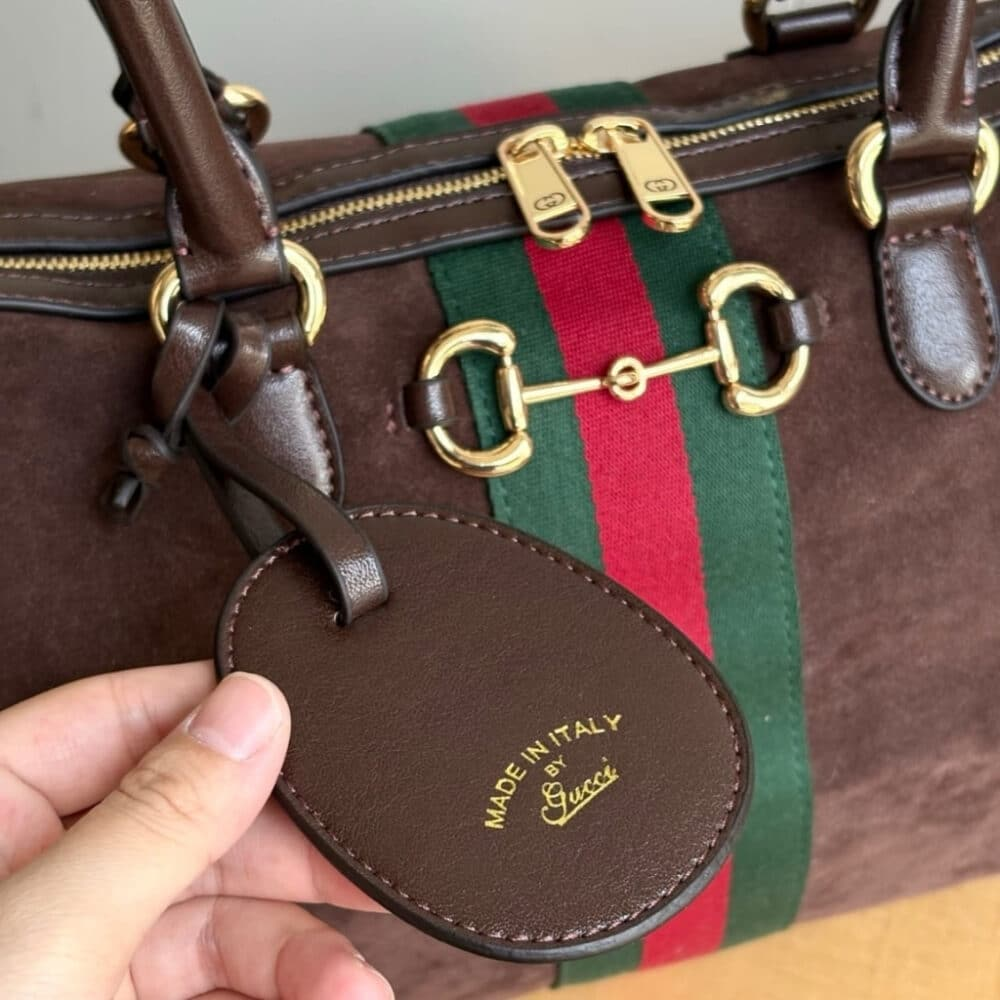 Gucci Borsetto Large Boston Bag Suede Leather Dark Brown 15.2 Inches 866734 AAGIR 2146