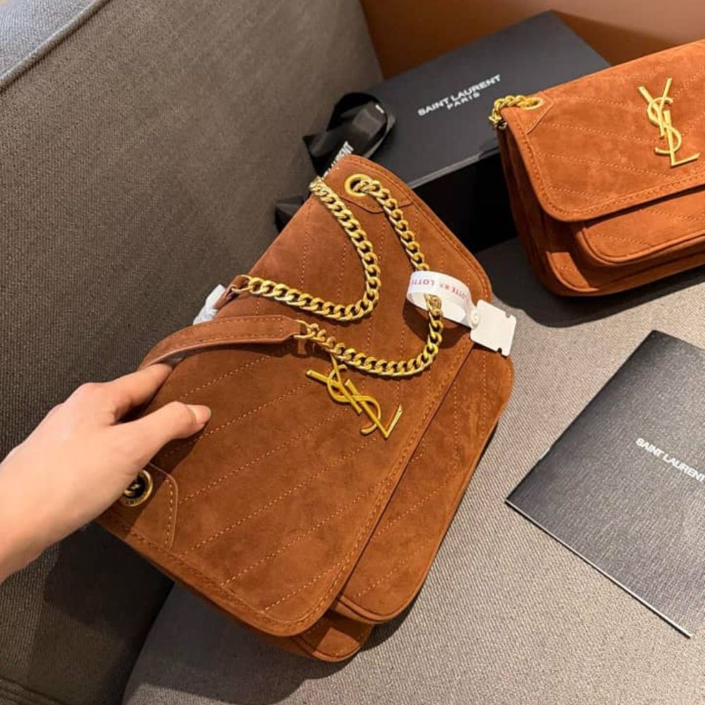 Saint Laurent Niki Baby Chain Bag In Suede Brown 11 Inches 6237483