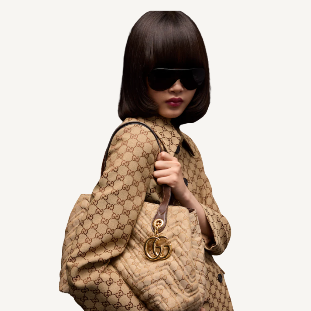 Gucci GG Marmont Medium Tote Bag Sand Dark Brown Gold Hardware 11.8 Inches