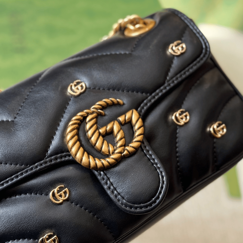 Gucci Gg Marmont Studded Matelessé Shoulder Bag Black 8.7 Inches