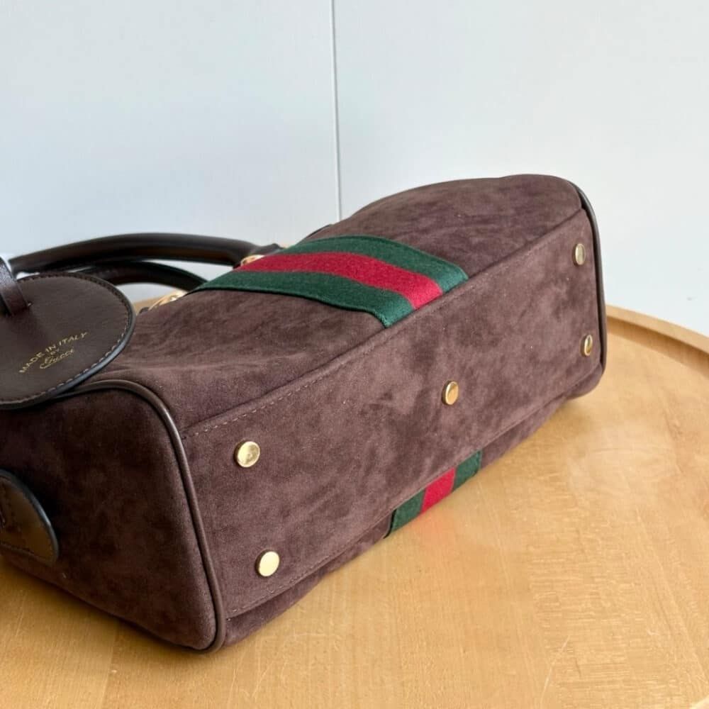 Gucci Borsetto Medium Boston Bag Suede Leather Dark Brown 11 Inches 866732 AAGIR 2146