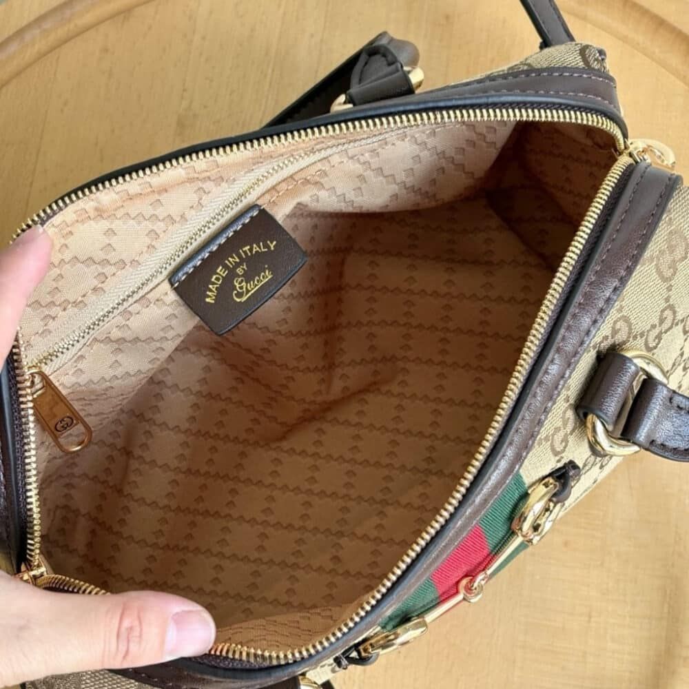 Gucci Borsetto Medium Boston Bag GG Canvas Sand And Brown 11 Inches 866732 FAFV9 9653