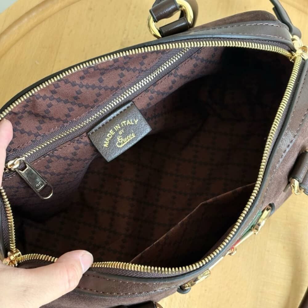 Gucci Borsetto Medium Boston Bag Suede Leather Dark Brown 11 Inches 866732 AAGIR 2146