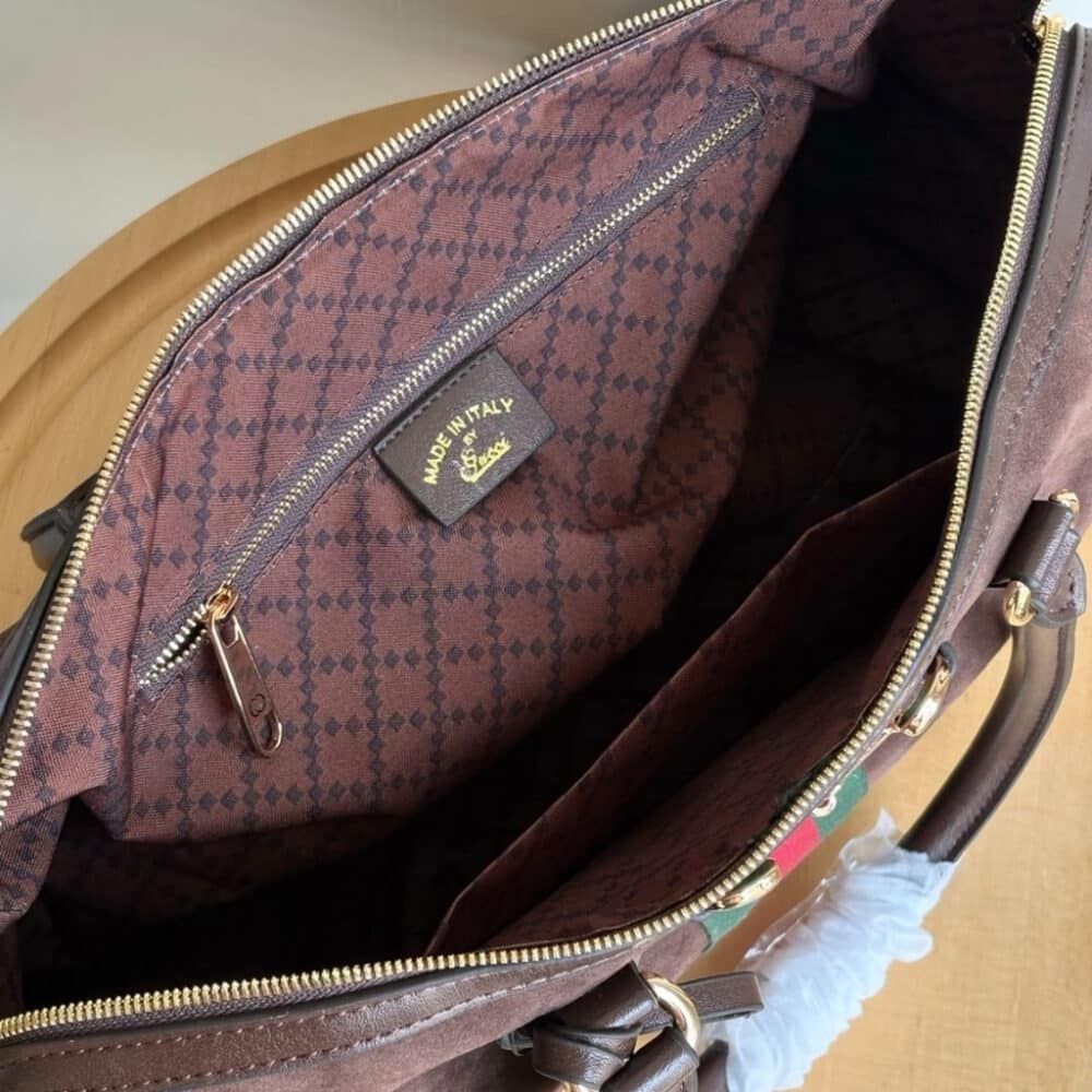 Gucci Borsetto Large Boston Bag Suede Leather Dark Brown 15.2 Inches 866734 AAGIR 2146