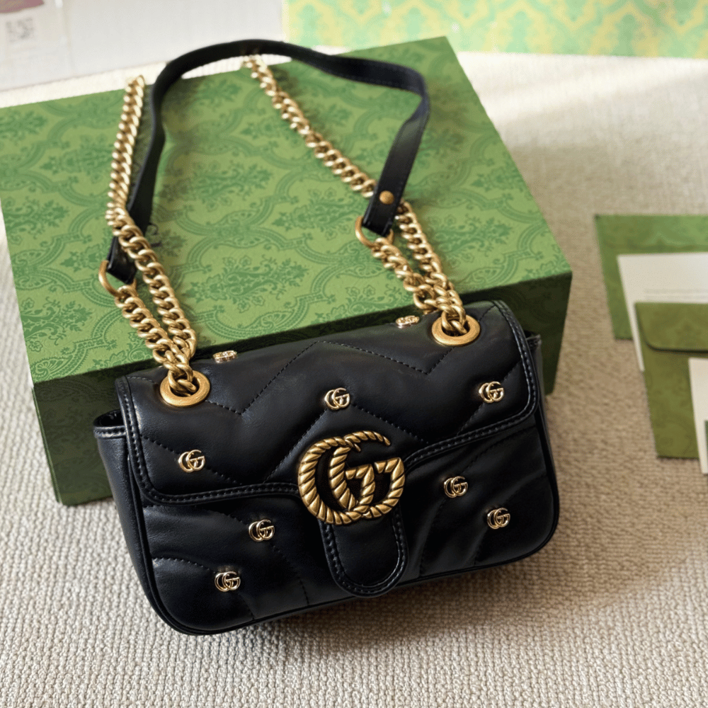 Gucci Gg Marmont Studded Matelessé Shoulder Bag Black 8.7 Inches