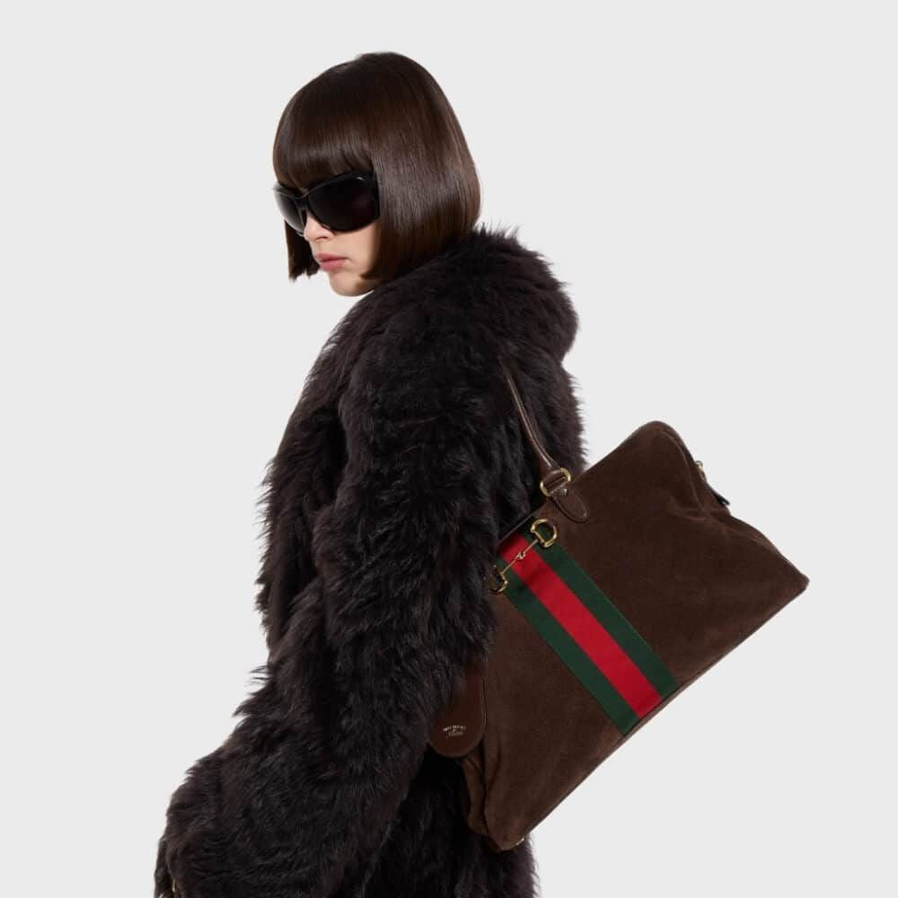 Gucci Borsetto Large Boston Bag Suede Leather Dark Brown 15.2 Inches 866734 AAGIR 2146