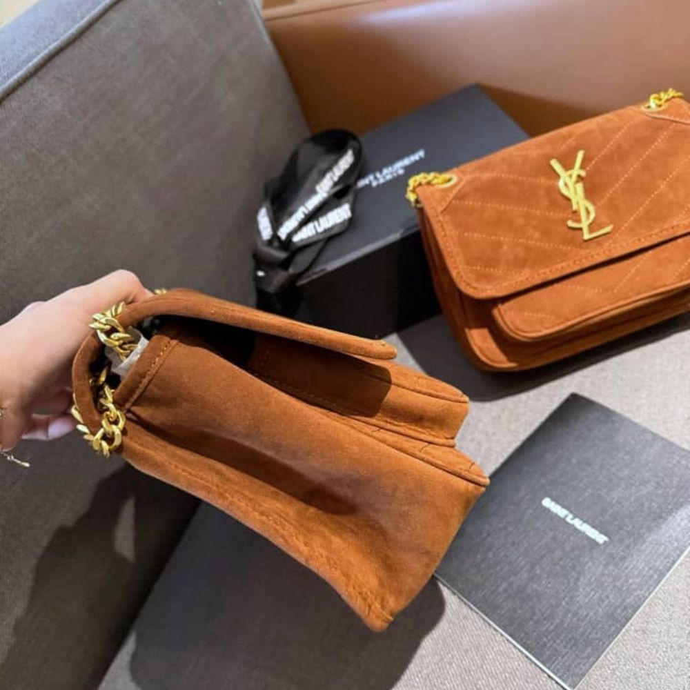 Saint Laurent Niki Baby Chain Bag In Suede Brown 11 Inches 6237483