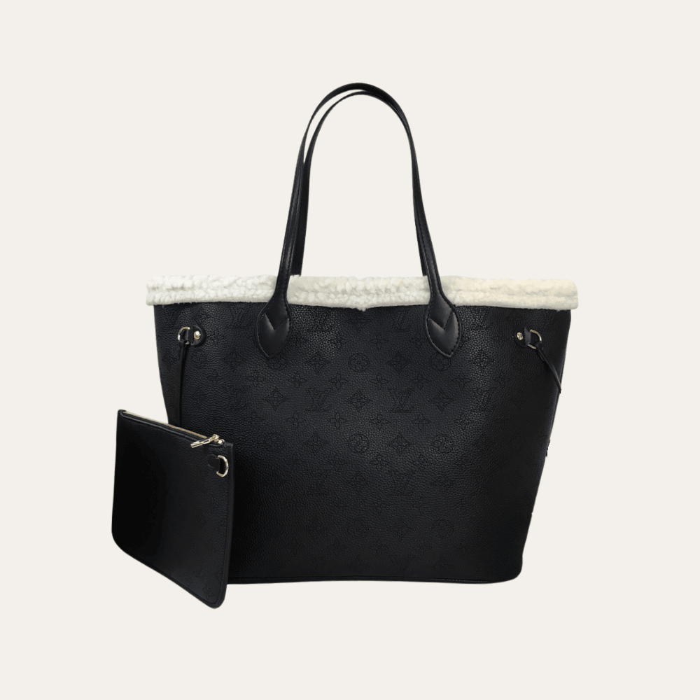 Louis Vuitton Neverfull Monogram Shearling Trim MM Black M56960 12.2 Inches