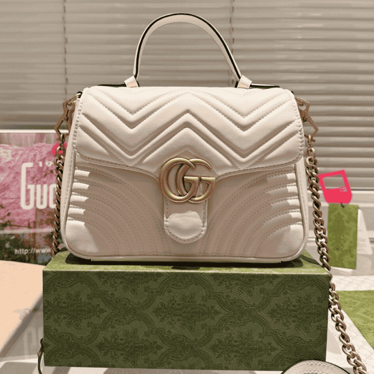 Gucci Gg Marmont Top Handle Chain Shoulder Bag White 10.6 Inches