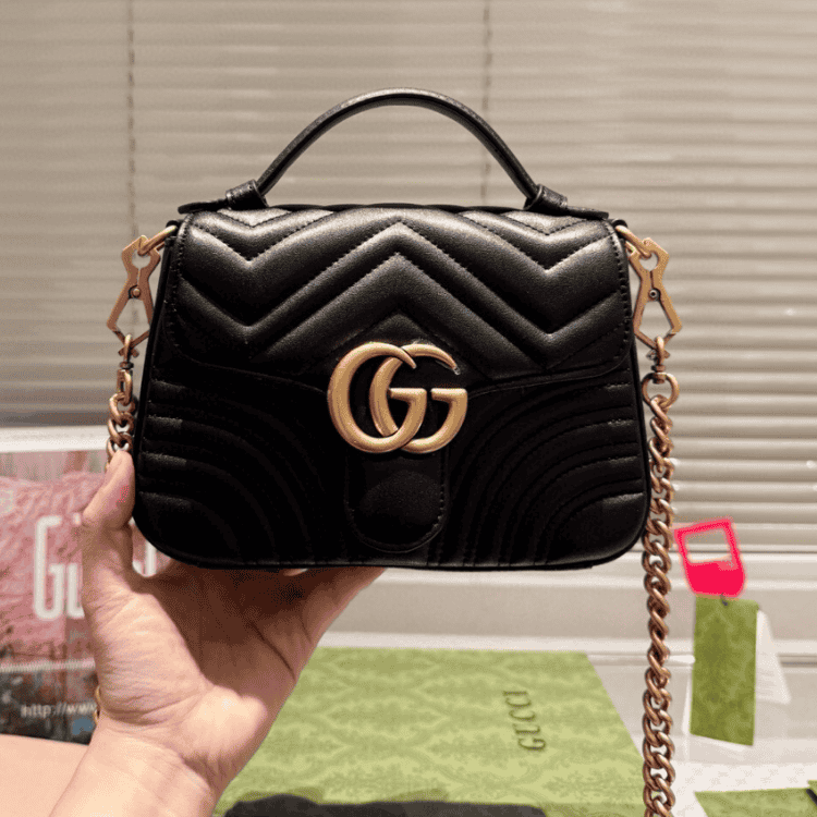 Gucci Gg Marmont Top Handle Chain Shoulder Bag Black 8.3 Inches