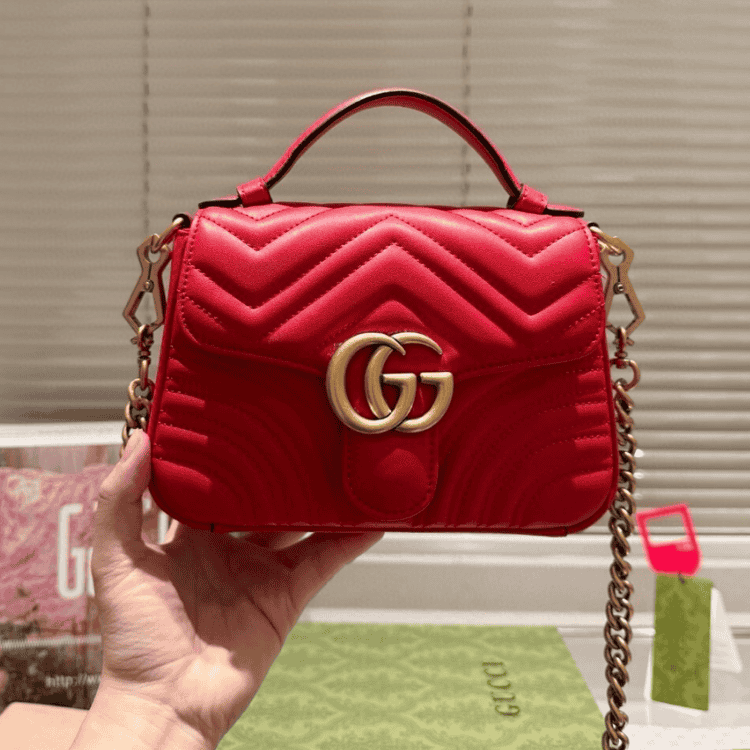 Gucci Gg Marmont Top Handle Chain Shoulder Bag Red 8.3 Inches
